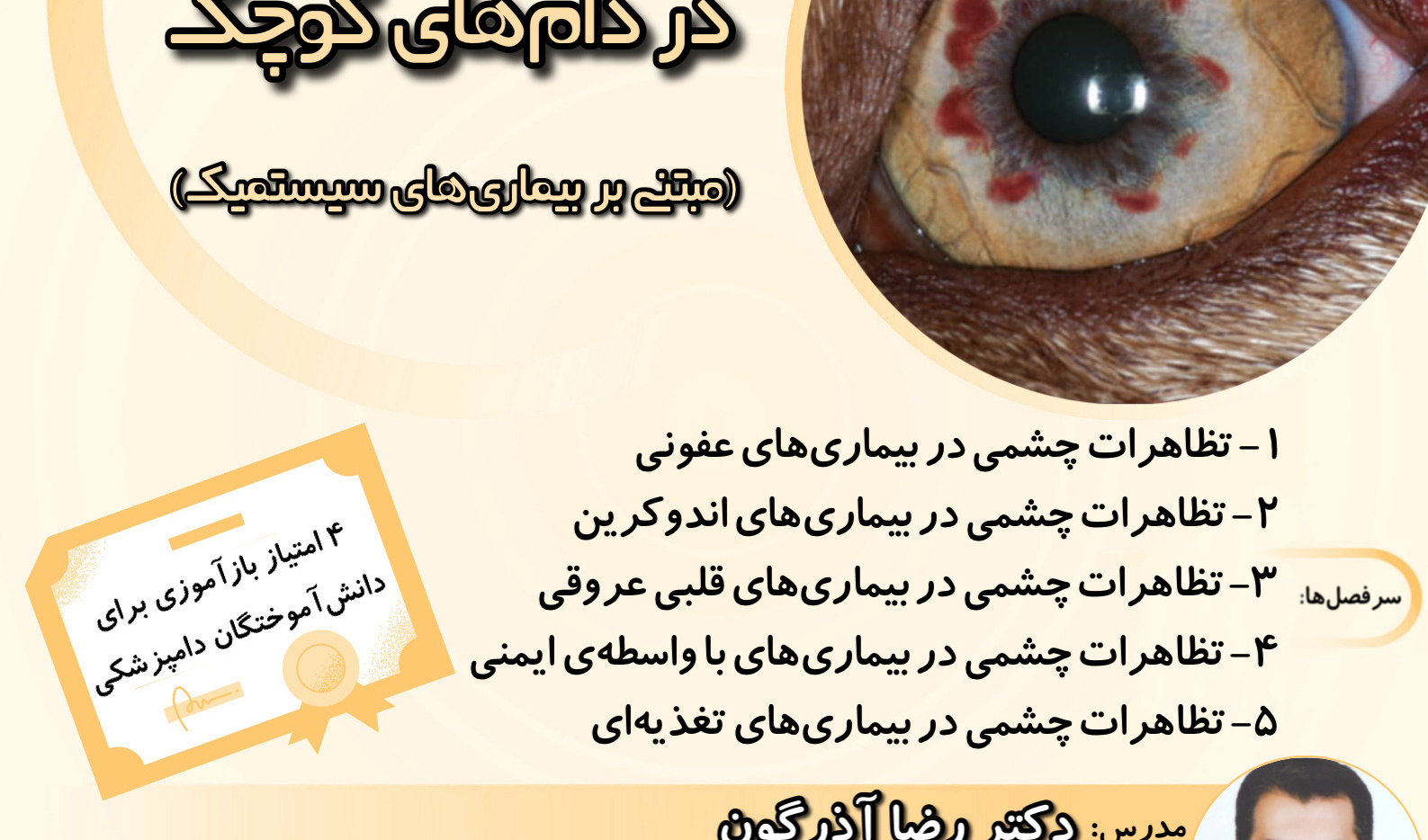 معاونت فرهنگی و دانشجویی دانشگاه ارومیه با همکاری سازمان دامپزشکی استان برگزار می کند: دوره آموزشی بیماریهای چشم در دام های کوچک