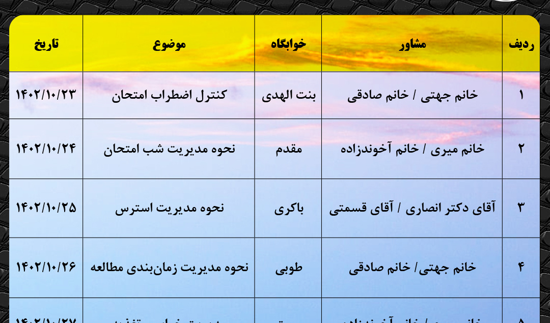 برنامه حضور مشاوران مرکز مشاوره و سبک زندگی دانشگاه در خوابگاه‌های دانشجویی در ایام امتحانات نیمسال اول ۱۴۰۳ - ۱۴۰۲
