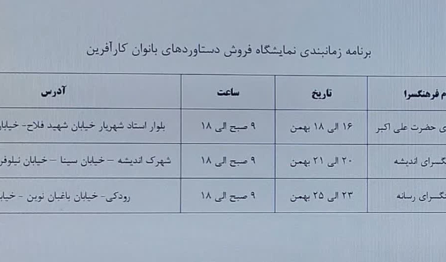 برنامه زمان‌بندی نمایشگاه فروش دستاوردهای بانوان کارآفرین