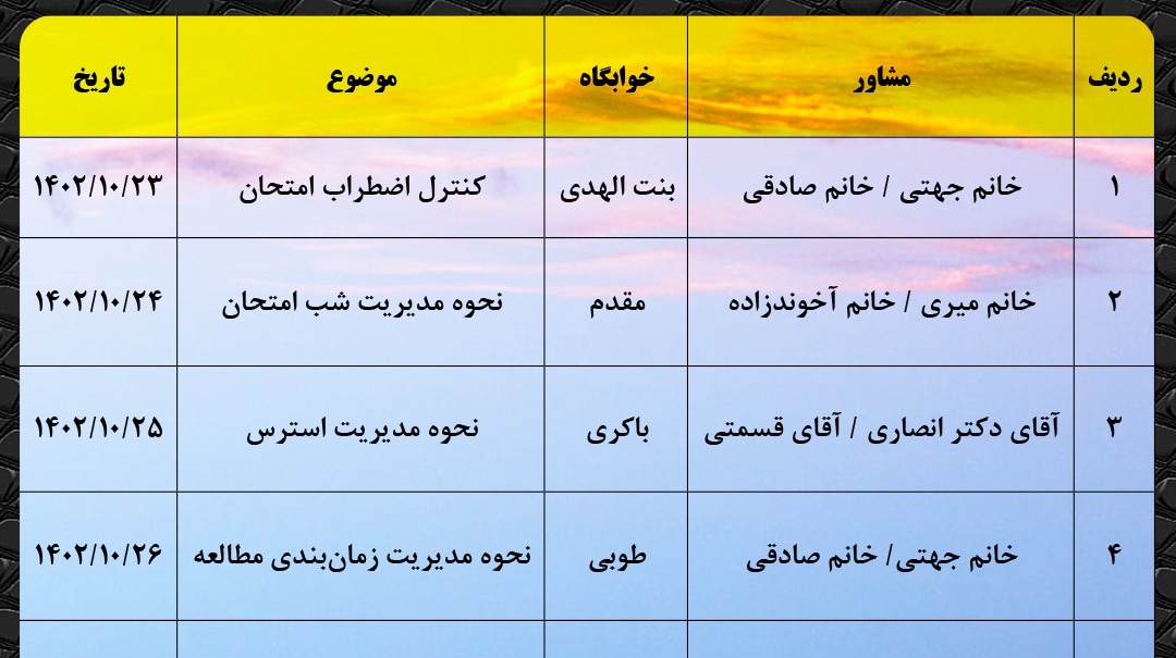 برنامه حضور مشاوران مرکز مشاوره و سبک زندگی دانشگاه در خوابگاه‌های دانشجویی در ایام امتحانات نیمسال اول ۱۴۰۳ - ۱۴۰۲